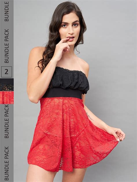 Buy SECRETS BY ZEROKAATA Pack Of 2 Lace Strapless Nightwear Baby Doll Lingerie Baby Dolls For