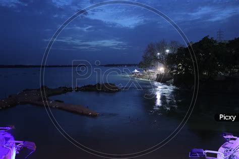 Image Of Krishna River View Over The Prakasam Barrage In The Night With