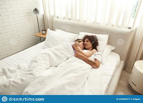 Couple Lying And Sleeping Under Blanket On Bed Stock Image Image Of