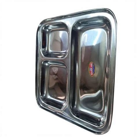 Silver Plain Kitchen King 3 Compartment Stainless Steel Pav Bhaji Plate