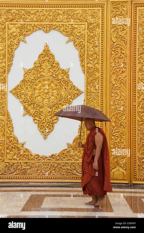 Myanmar Aka Burma Yangon Aka Rangoon Stupa Shewedagon Monk In