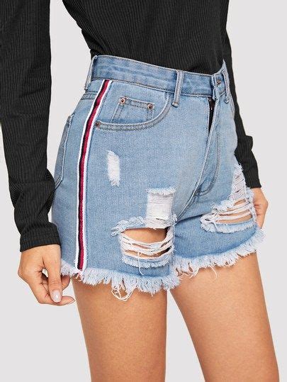 Striped Side Ripped Raw Hem Denim Shorts Denim Shorts Denim Sweater