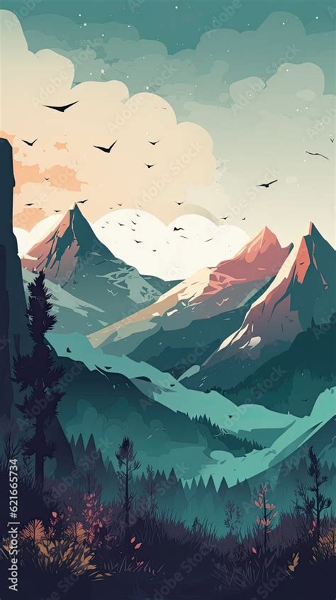 Mountains with eagles flying background illustration image, graphic ...