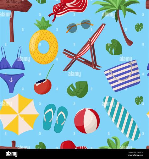 Set Of Cute Summer Elements Surfboard Cocktail Bag Hat Palm Tree Bikini Flip Flops Beach