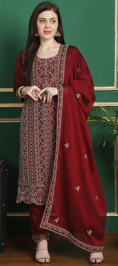 Festive Reception Red And Maroon Color Georgette Fabric Salwar Kameez