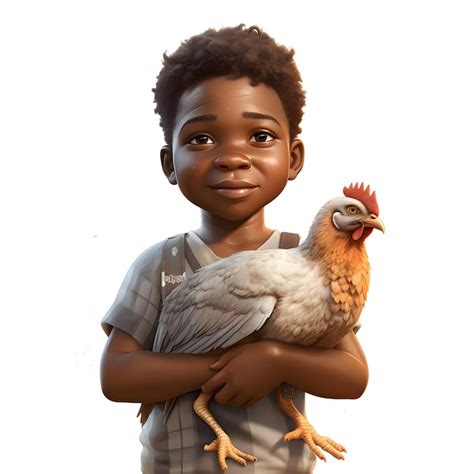 Representación digital 3d de un lindo niño afroamericano con un pollo