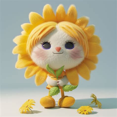 Cute Sunflower Character Holding Leaves With Fallen Petals On Light