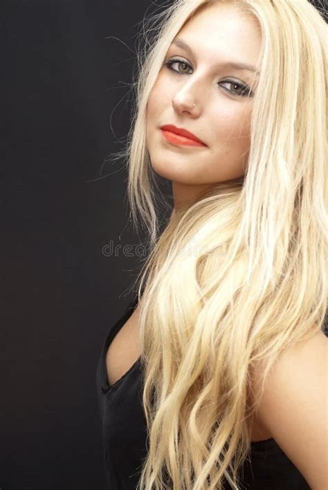 Wonderful Blonde Model With Red Lips And Naked Shoulders Posing Stock Photo Image Of Skin
