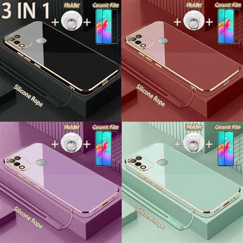 3 In 1 For Infinix Hot 9 Play 10 Play Electroplated Straight Golden Edge Case With Tempered
