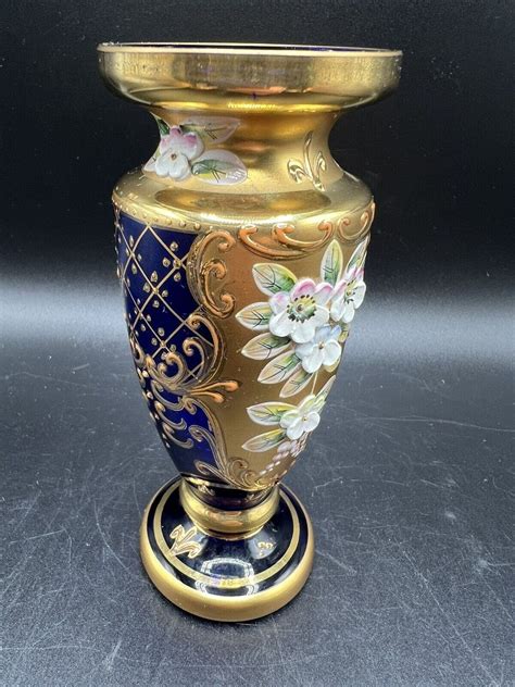 Vintage Cobalt Glass Bohemian Czech Cobalt Blue 24k Gold Vase Raised