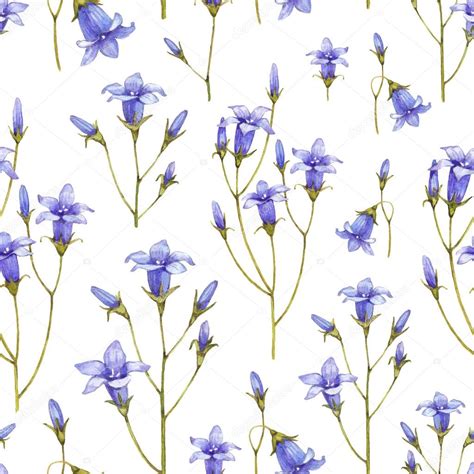 Bluebell Flower Illustration Watercolor Seamless Pattern Stock Photo