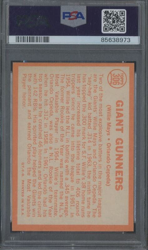 Topps Giant Gunners Willie Mays Orlando Cepeda Hof Psa Nm