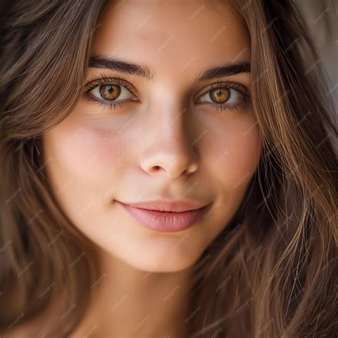 closeup portrait   woman  long brown hair  hazel eyes