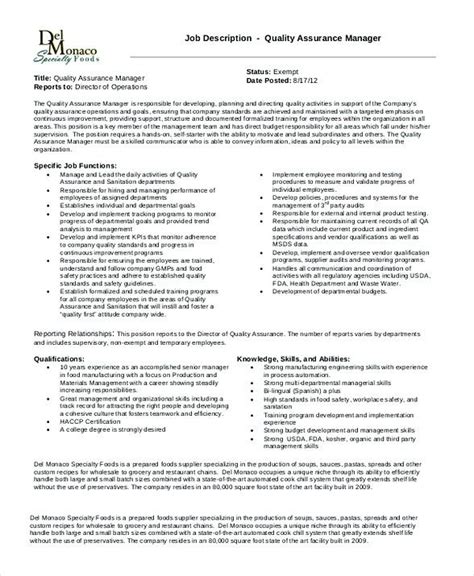 Quality Assurance Manager Job Description Quality Assurance Manager