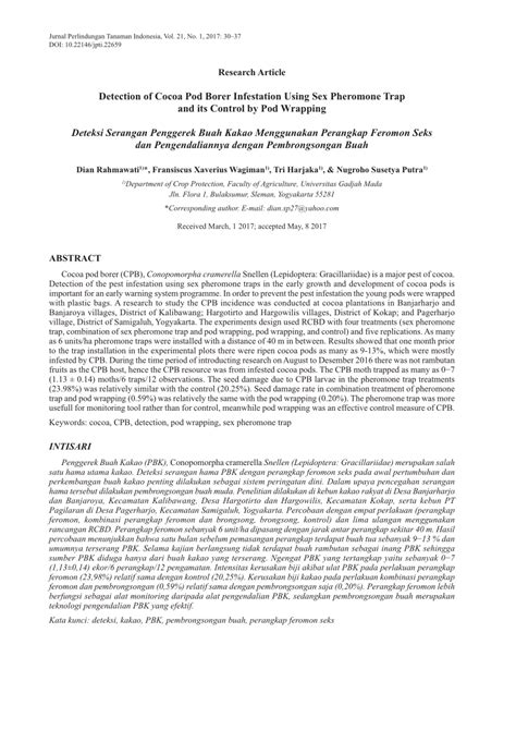 PDF Detection Of Cocoa Pod Borer Infestation Using Sex Pheromone Trap And Its Control By Pod