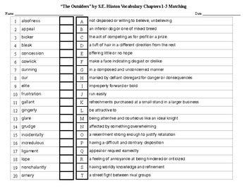 The Outsiders By S E Hinton Vocabulary Chapters Matching