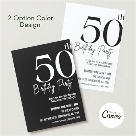 50th Birthday Template Invitation Black And White Birthday Etsy