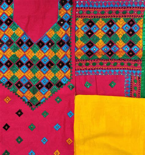 Fuchsia Rose And Yellow Phulkari Hand Embroidered Salwar Kameez Fabric