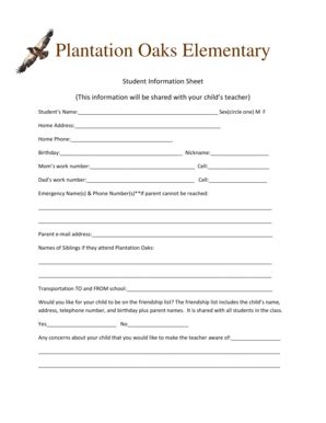 Student Information Sheet Plantation Oaks Elementary Poe Oneclay