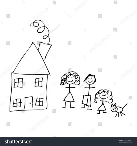 House And Family In Kids Drawing Style Stock Vector Illustration ...