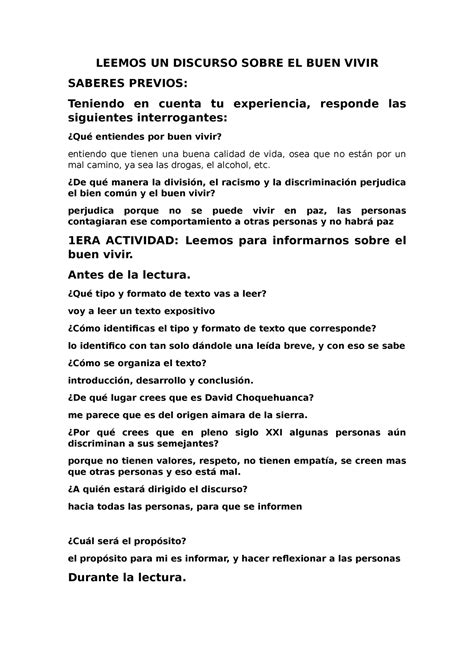 EL BUEN Vivir LEEMOS UN DISCURSO SOBRE EL BUEN VIVIR SABERES PREVIOS