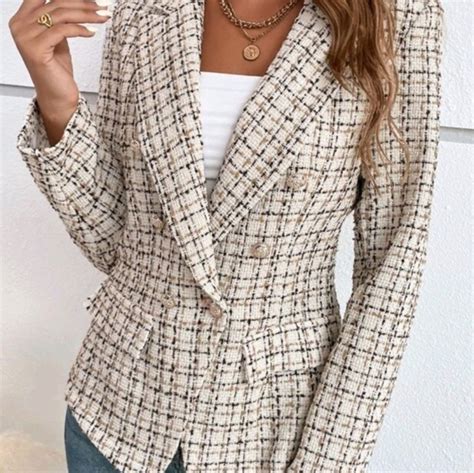 SHEIN Jackets Coats Frenchy Plaid Double Breasted Tweed Blazer