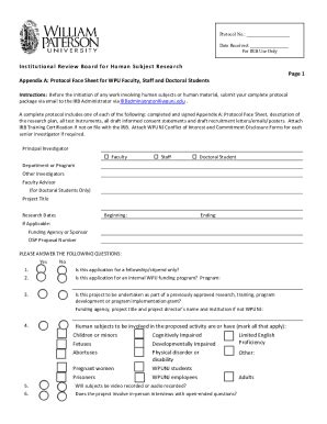 Fillable Online Appendix A Protocol Face Sheet For Wpu Faculty Staff