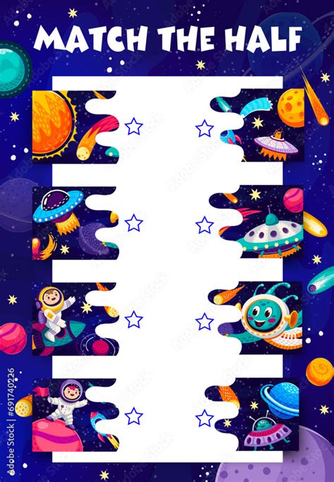 Match The Half Of Cartoon Space Characters Game Puzzle Quiz Vector