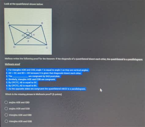 Solved Look At The Quadrilateral Shown Below Melissa Writes The