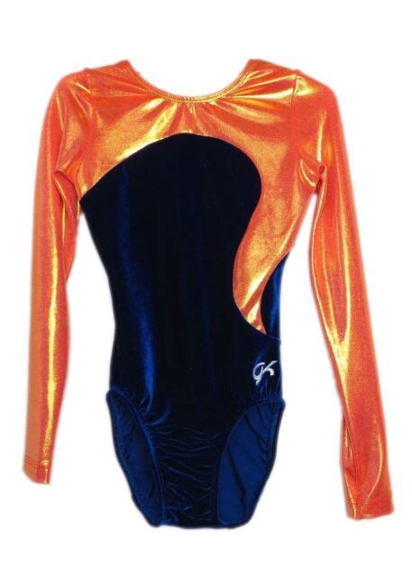 Nwt Gk Elite Gymnastics Long Sleeve Leotard Orange Navy Blue Velvet