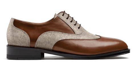 Chaussures Oxford Bout Golf En Tweed Et Cuir Beige Et Marron