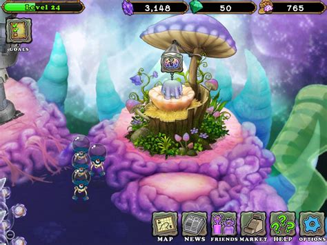 an image of a game screen with plants and mushrooms in the foreground, including a mushroom house