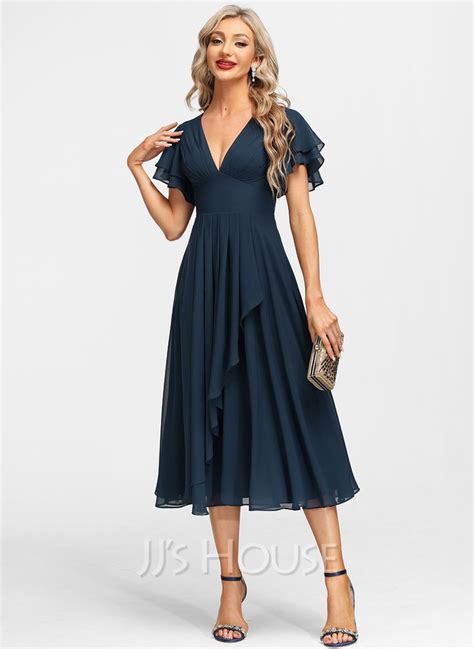 A Line V Neck Tea Length Chiffon Evening Dress With Cascading Ruffles