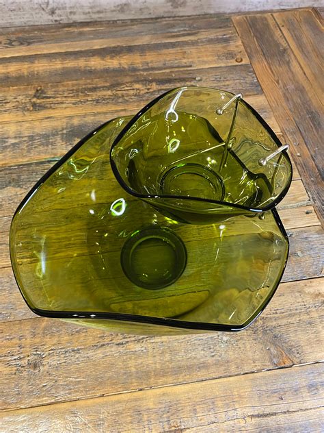 Vintage Mcm Mid Century Anchor Hocking Avocado Green Glass Chip And Dip