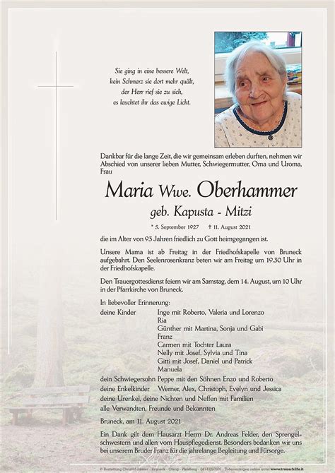 Maria Wwe Oberhammer Aus Bruneck Trauerhilfe It Das S Dtiroler