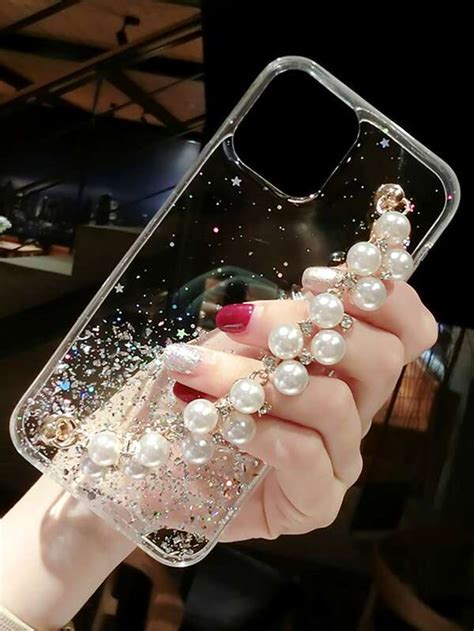 Sequin Decor Clear Phone Case With Faux Pearl Hand Strap Compatible