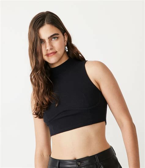 Blusa Cropped Sem Manga Em Cotton Golinha Alta Preto