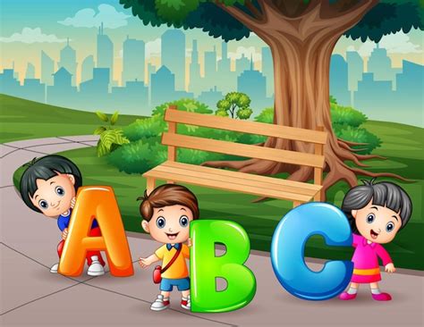 Premium Vector Happy Kids Carrying The Letters Abc In The Garden