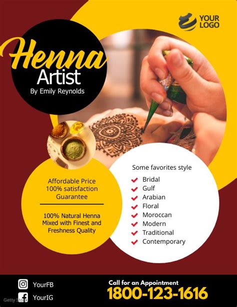 The Flyer For Henna Artist By Emmy Reynoldss Is Shown In Red Yellow And