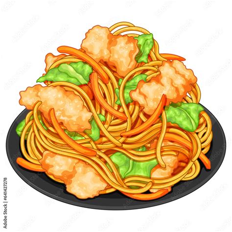 Yakisoba Noodles With Chicken Illustration Vector Japanese Yakisoba