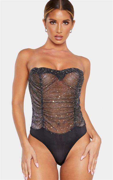 Black Sequin Mesh Bandeau Bodysuit Black Sequins Bodysuit Tops Bodysuit