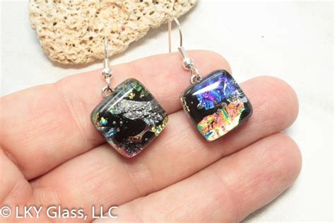 Handmade Rainbow Dichroic Glass Earring Black Fused Glass Earring