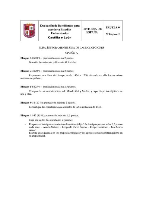 Modelo 0 De Examen Ebau Historia De España Castilla Y León