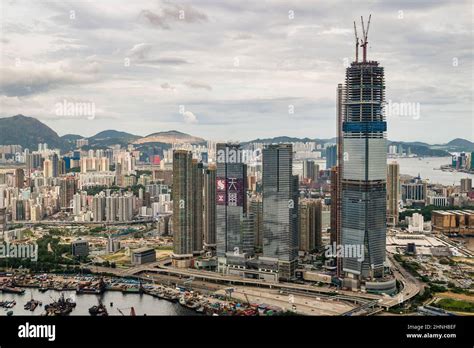 Aerial From Helicopter Showing Union Square West Kowloon Hong Kong