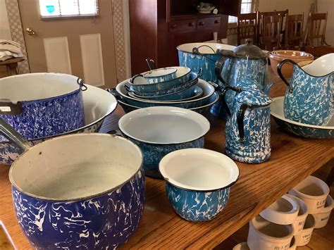 Lot Great Collection Of Blue And White Granite Ware