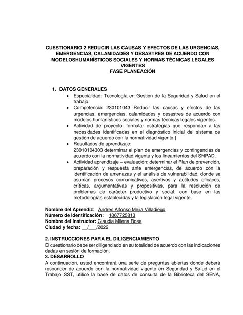 Cuestionario Reducir Las Causas Y Efectos De Las Urgencias Andres