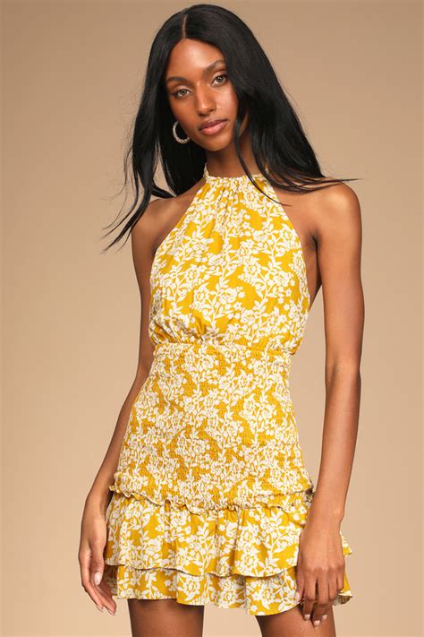 Yellow Mini Dress Floral Print Dress Halter Dress Mini Lulus