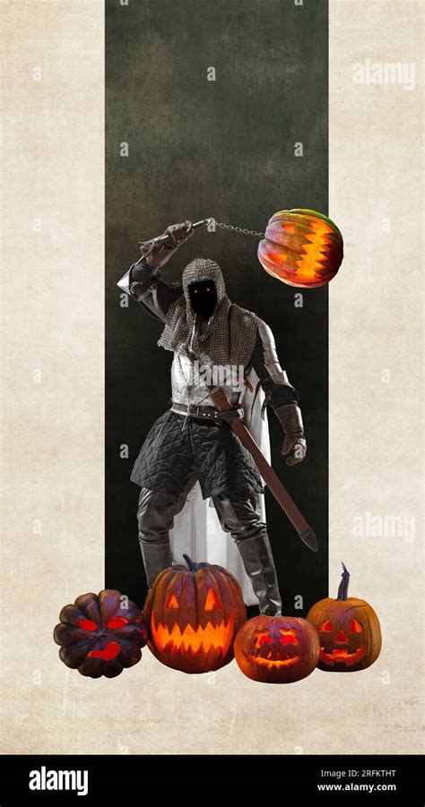 Creepy Ghost Man In Image Of Medieval Warrior With Pumpkins Revenge Contemporary Art Collage