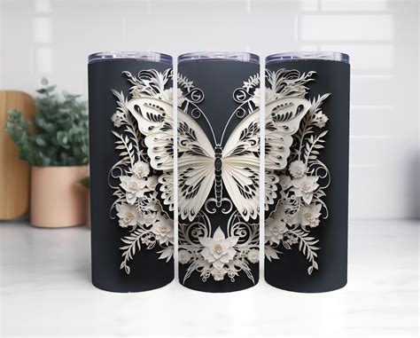 3d White Butterfly Flowers 20 Oz Skinny Tumbler Sublimation Etsy