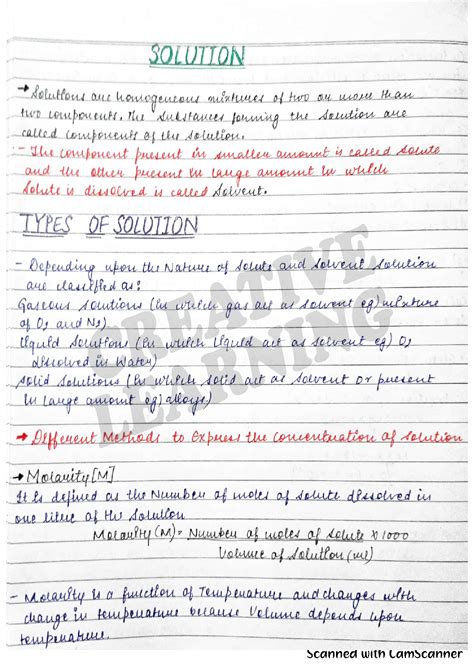 Solution Solutions Class Th Chemistry Handwritten Notes Studypool